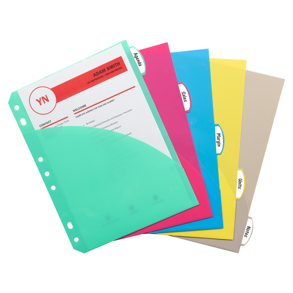 Mini Size 5-Tab Poly Index Dividers, Assorted Colors with Slant Pockets, 12 Sets - CLI03750BN