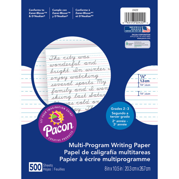Multi-Program Handwriting Paper, 1/2" Ruled (Short Way), White, 10-1/2" x 8", 500 Sheets Per Pack, 2 Packs