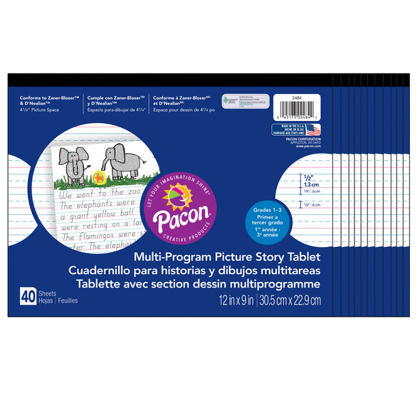 Multi-Program Handwriting Tablet, D'Nealian/Zaner-Bloser, 1/2" x 1/4" x 1/4" Ruled & 4-1/4" Picture Story Space, 12" x 9", 40 Sheets, Pack of 12