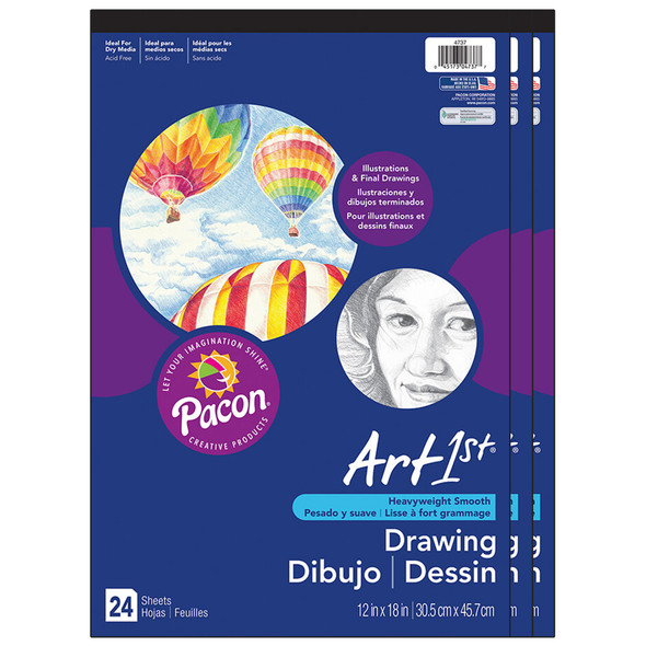 Drawing Paper Pad, Heavyweight, 12" x 18", 24 Sheets, Pack of 3 - PAC4737BN