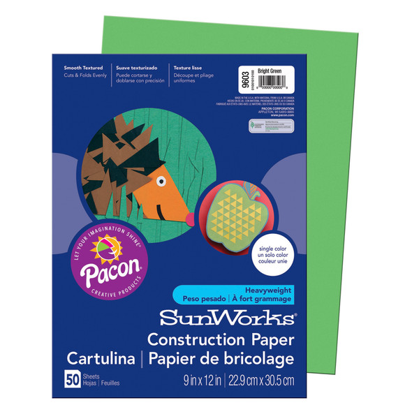 Construction Paper, Bright Green, 9" x 12", 50 Sheets Per Pack, 25 Packs