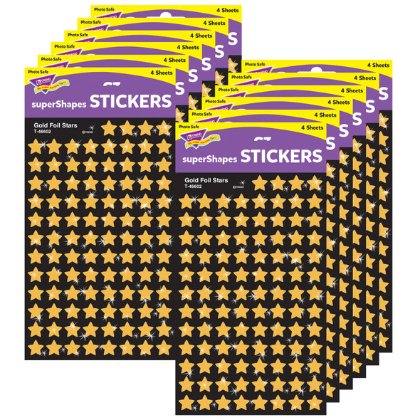 Gold Foil Stars superShapes Stickers, 400 Per Pack, 12 Packs - T-46602BN