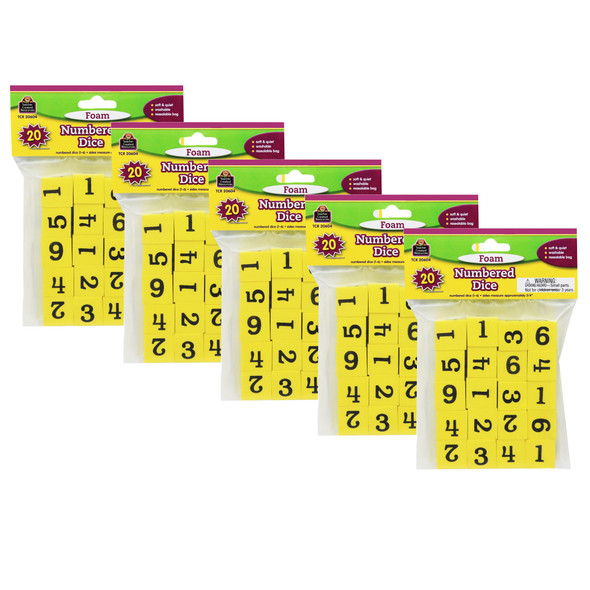 Foam Numbered Dice (Numerals 1-6), 20 Per Pack, 5 Packs