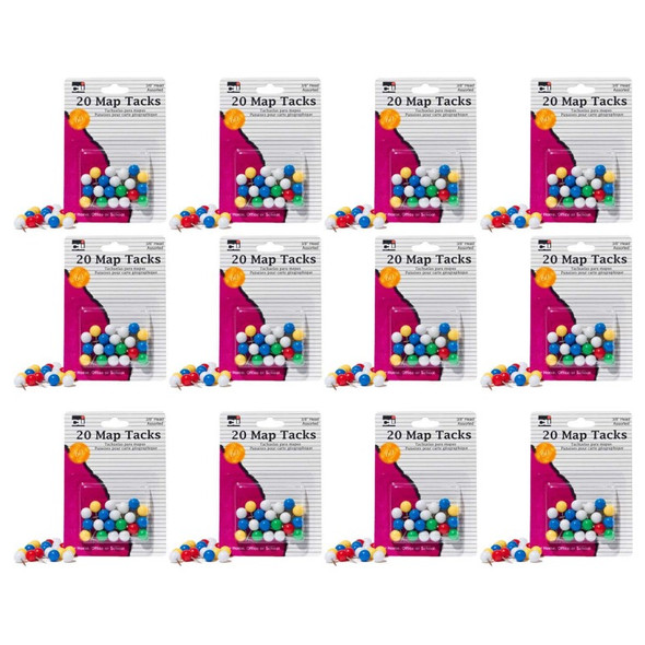 Map Tacks, 3/8 Inch Head, Assorted Colors, 20 Per Pack, 12 Packs