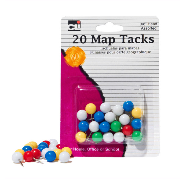 Map Tacks, 3/8 Inch Head, Assorted Colors, 20 Per Pack, 12 Packs Map Tacks, 3/8 Inch Head, Assorted Colors, 20 Per Pack, 12 Packs