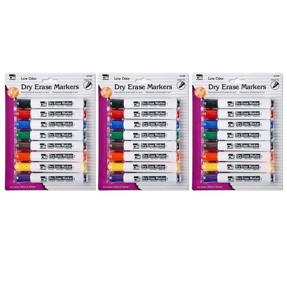 Dry Erase Markers, Barrel Style, Low Odor, Chisel Tip, Assorted Colors, 8 Per Pack, 3 Packs