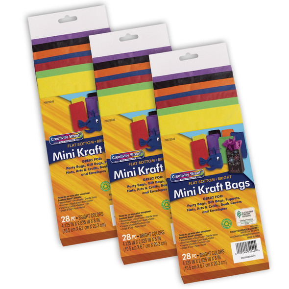 Mini Kraft Bag, Assorted Bright Colors, 4-1/8" x 2-5/8" x 8", 28 Per Pack, 3 Packs Mini Kraft Bag, Assorted Bright Colors, 4-1/8" x 2-5/8" x 8", 28 Per Pack, 3 Packs