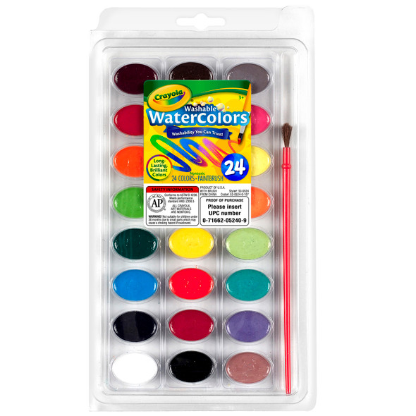 Washable Watercolor Pans with Plastic Handled Brush, 24 Colors