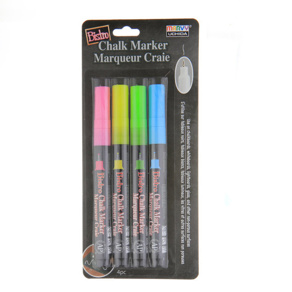 Bistro Chalk Markers, Extra Fine Tip 4-Color Set, Fluorescent Pink, Blue, Green, Yellow