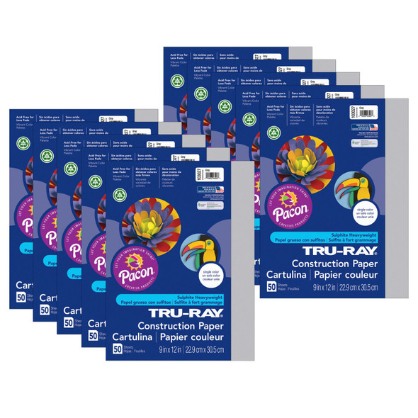 Construction Paper, Heavyweight, Gray, 9" x 12", 50 Sheets Per Pack, 10 Packs