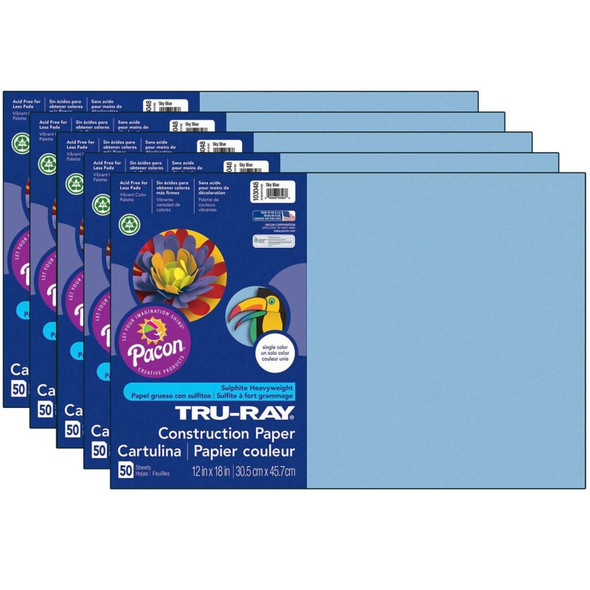 Construction Paper, Sky Blue, 12" x 18", 50 Sheets Per Pack, 5 Packs PAC103048-5