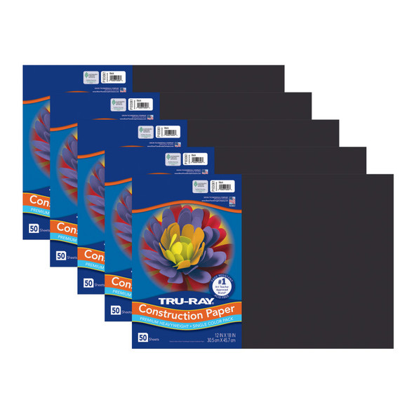 Construction Paper, Heavyweight, Black, 12" x 18", 50 Sheets Per Pack, 5 Packs
