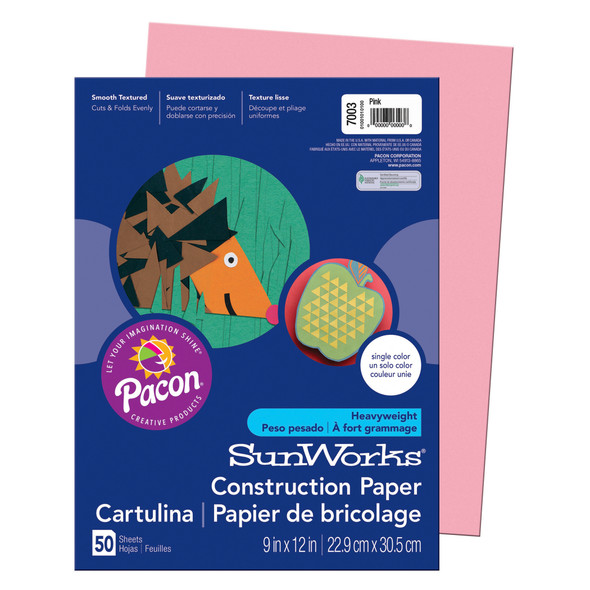 Construction Paper, Pink, 9" x 12", 50 Sheets Per Pack, 10 Packs PAC7003-10