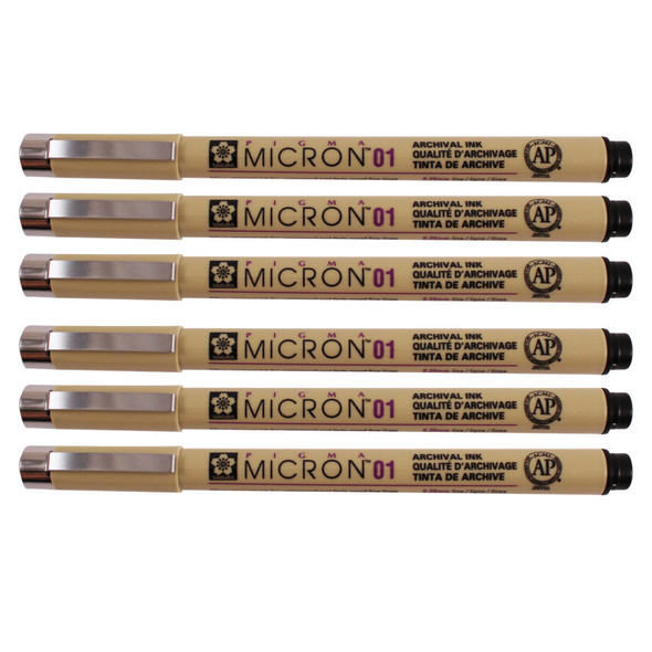 Pigma Micron Pen, Black, 0.25mm Size 01, Pack of 6