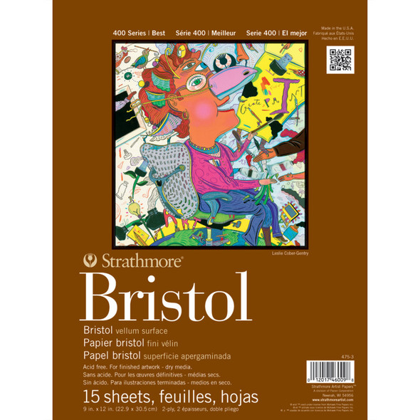 400 Series Bristol Paper Pad, Vellum Finish, 2-Ply, Tape Binding, 15 Sheet, 9x12 inch, 1 Count