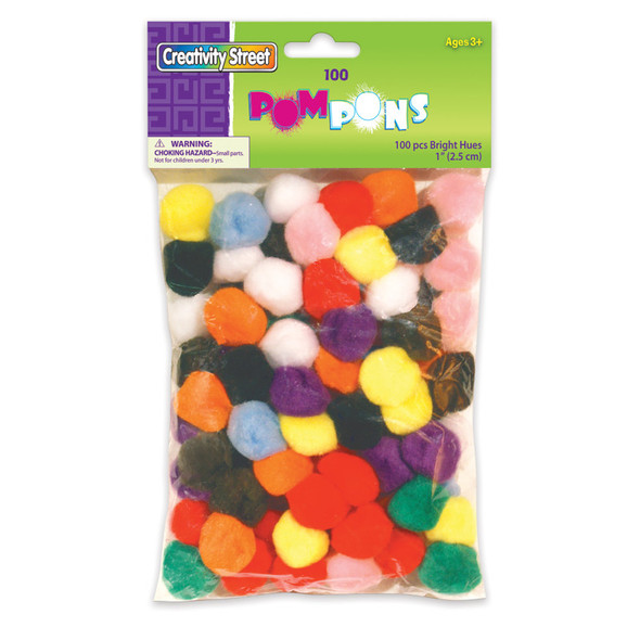 Pom Pons, Bright Hues Assortment, 1", 100 Pieces