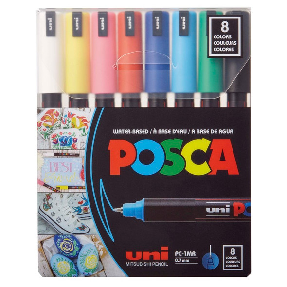 uni® POSCA PC-1MR Water-Based Paint Markers, Extra Fine Tip (0.7mm), Assorted Colors, 8 Pack