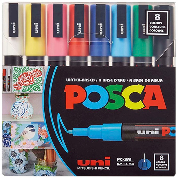 uni® POSCA PC-3M Water-Based Paint Markers, Reversible Fine Tip (0.9-1.3mm), Assorted Colors, 8 Pack