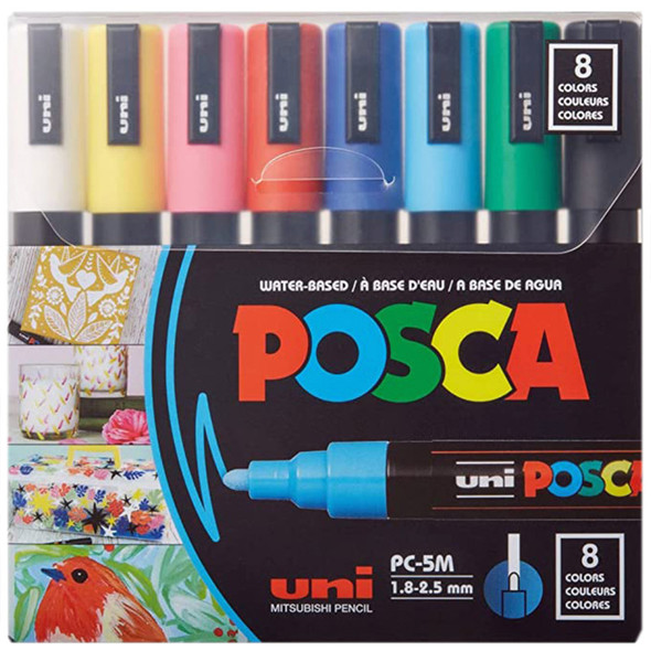 uni® POSCA PC-5M Water-Based Paint Markers, Reversible Medium Tip (1.8-2.5mm), Assorted Colors, 8 Pack