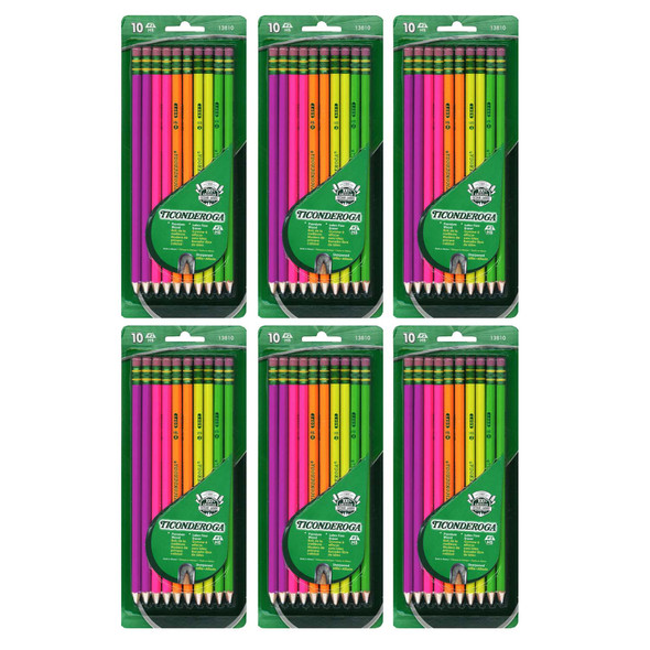 Premium Neon Wood No. 2 Pencils with Eraser, 10 Per Pack, 6 Packs