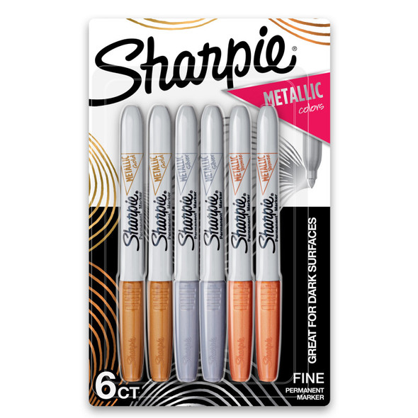 Metallic Permanent Markers, Fine Point, Assorted Metallic, 6 Count