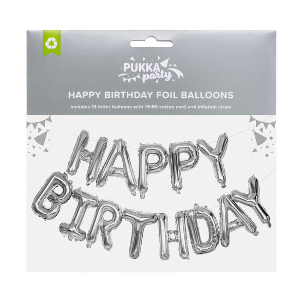 Happy Birthday Foil Balloon Garland, Silver