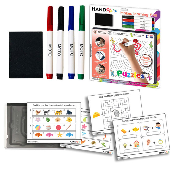 Dry-Erase Learning Board, 4 Markers, 10 Activity Sheets - Puzzles Series