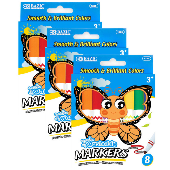 Jumbo Washable Markers, Broad Line, 8 Colors, Pack of 3