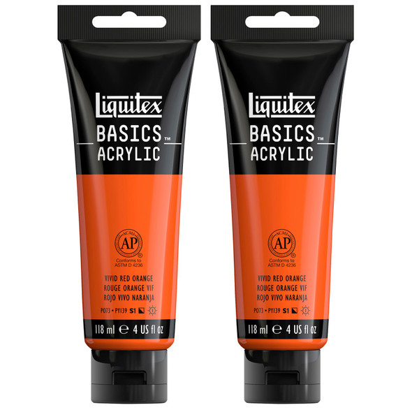 BASICS Acrylic Paint, 118 mL Tube, Vivid Red Orange, Pack of 2