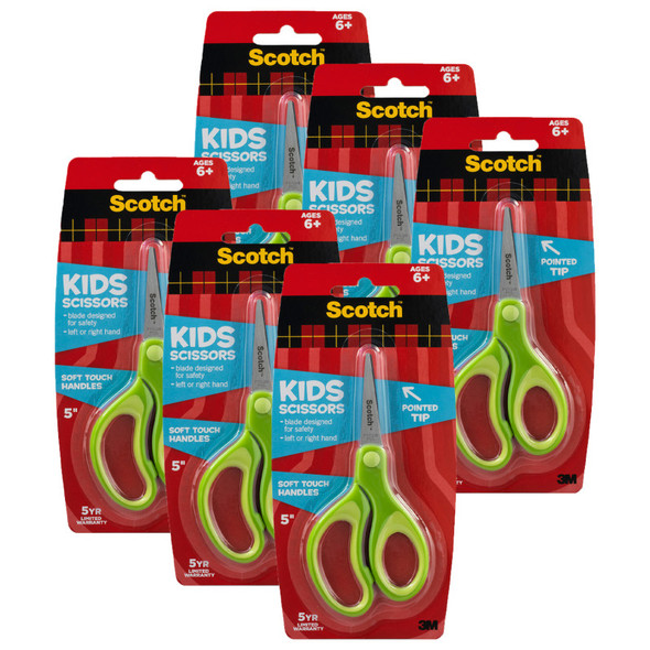 Kids 5 inch Scissors, Soft Grip Handles, Pointed, Ages 6+, Pack of 6