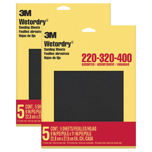Wetordry™ Sandpaper, 220, 320, 400 Grit Assortment, 9x11 in, 5 Sheets Per Set, 2 Sets