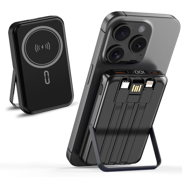 10,000mAh Magnetic Wireless Power Bank with Metal Stand + Built-in Cables, Black
