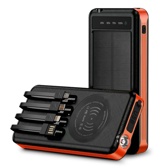 10000mAh Solar Power Bank with Wireless Charging and Built-in Cables, Orange