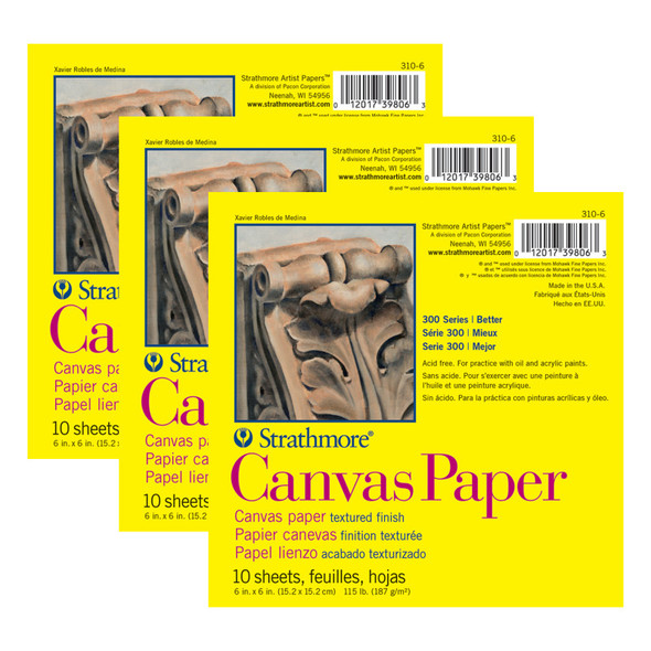 300 Series Canvas Paper Pad, 6" x 6", 10 Sheets, Pack of 3