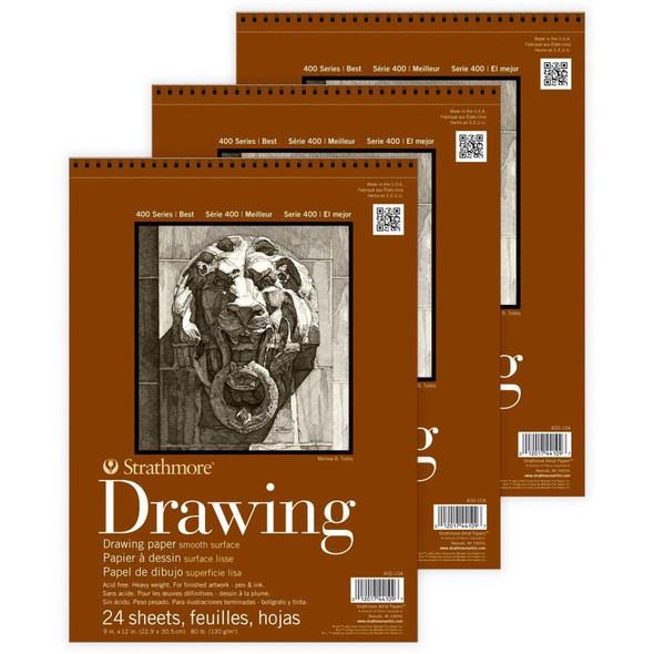 400 Series Drawing Paper Pad, Smooth Finish, Wire Binding, 24 Sheet, 9x12 inch, 1 Count, Pack of 3