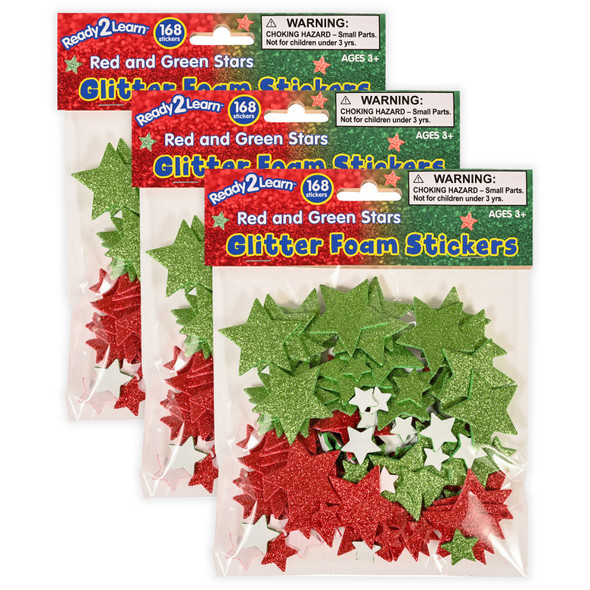 Glitter Foam Stickers, Stars, Red and Green, 168 Pieces Per Pack, 3 Packs