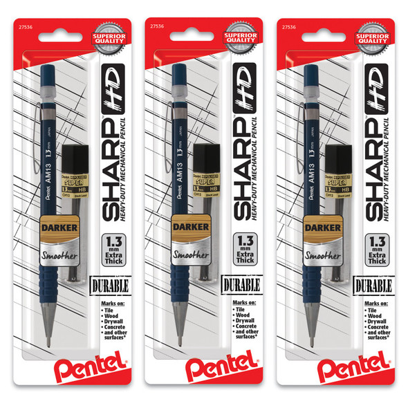Sharp HD Mechanical Pencil (1.3mm), Dark Blue Barrel, (1) Super Hi-Polymer Lead Refill, Pack of 3