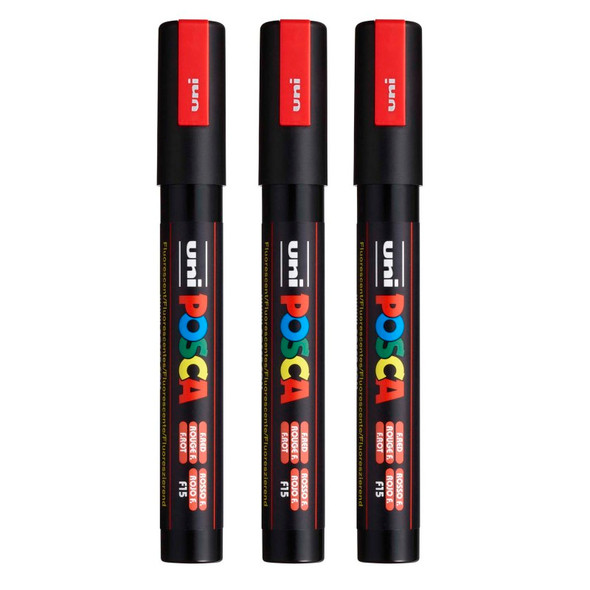 PC-5M Paint Markers, Medium Bullet Tip (1.8-2.5 mm), Fluorescent Red, Pack of 3