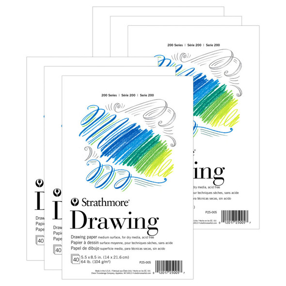 200 Series Drawing Paper Pad, Tape Binding, 40 Sheet, 5.5x8.5 inch, Pack of 6