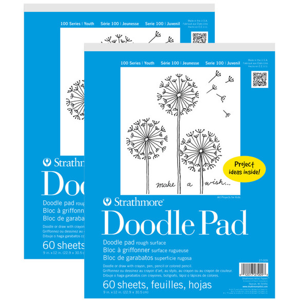 100 Series Doodle Paper Pad, 9x12 in, White, 60 Sheets, Pack of 2