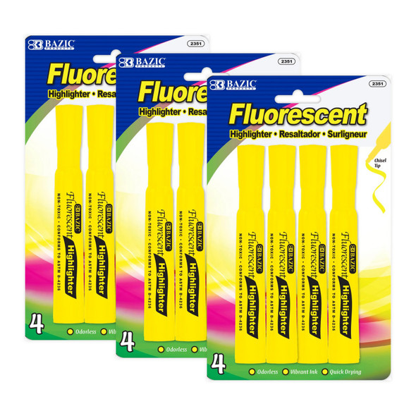 Desk Style Fluorescent Highlighters, Yellow, 4 Per Pack, 3 Packs