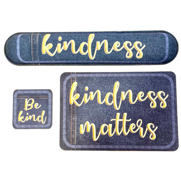 The Original Fun Mat® Computer Desk Mats, Set of 3, (1) Mouse Pad, (1) Keyboard Wrist Pad, (1) Coaster, Kindness Themed, Denim