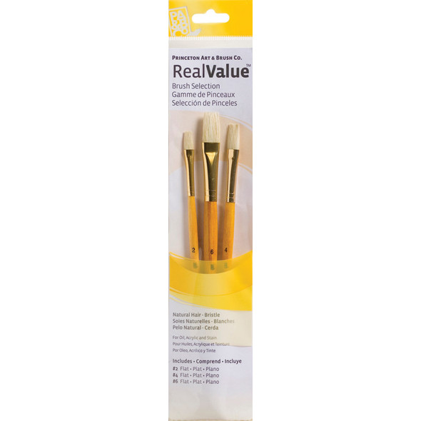 RealValue Brush Set, Natural Bristles, Short Handle Mixed Media Paintbrush, Yellow, 3 Pieces