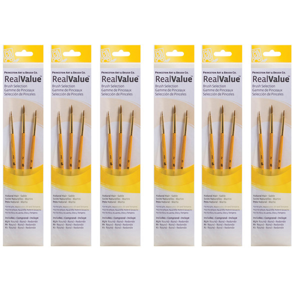 RealValue Round Brush Set, Camel Bristles, Short Handle Mixed Media Paintbrush, Yellow, 3 Per Set, 6 Sets