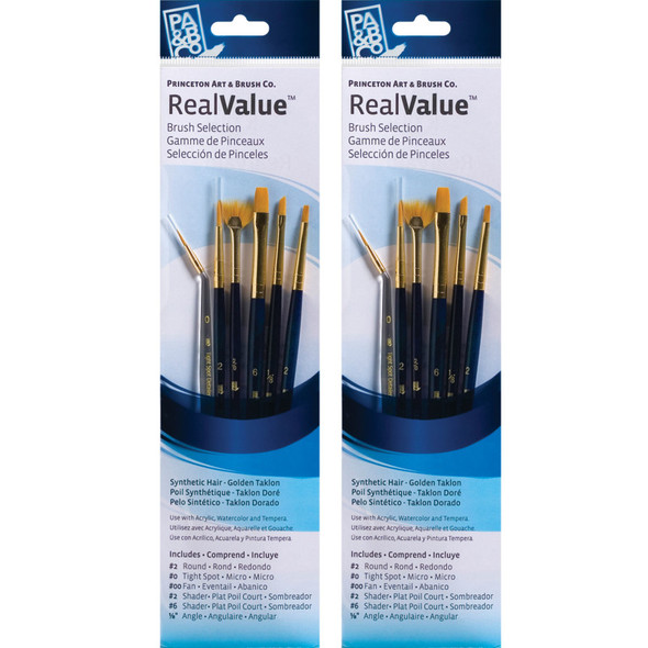 RealValue Brush Set, Gold Taklon Bristles, Short Handle Mixed Media Paintbrush, Dark Blue, 6 Per Set, 2 Sets