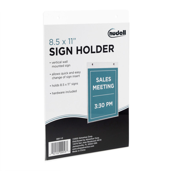 Sign Holder, Vertical Wall Mounted, Clear Plastic, 8.5x11 in