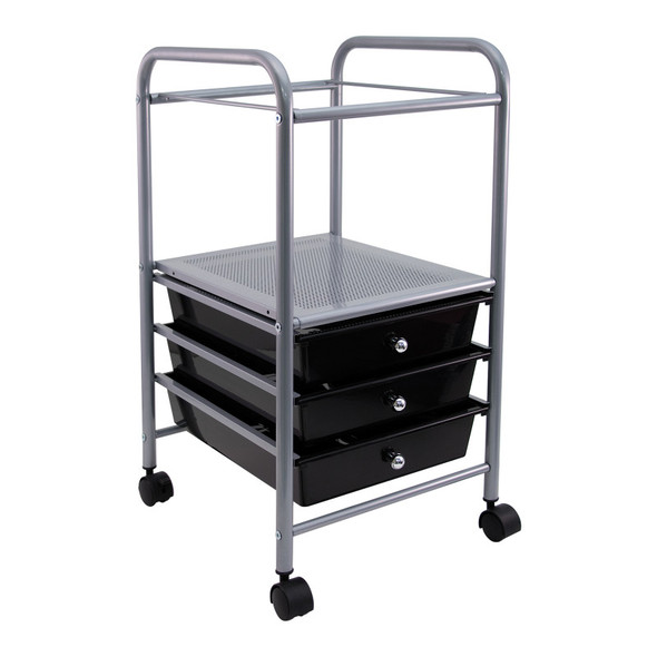 Slim-Profile Mobile File Cart with 3 Drawers, Black and Silver, Rolling Storage Organizer
