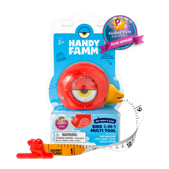 Lola the Bird™ 3-in-1 Kids Red Tape Measure – 8 ft Measuring Tool with Level & Angle Finder, STEM Learning Tool for Kids Ages 3+