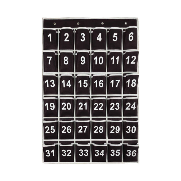 Hanging Classroom Cell Phone Organizer, 36 Numbered Pockets, Wall & Door Storage Holder, Black/White Trim