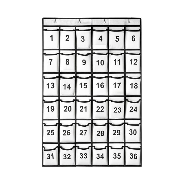 Hanging Classroom Cell Phone Organizer, 36 Numbered Pockets, Wall & Door Storage Holder, White/Black Trim